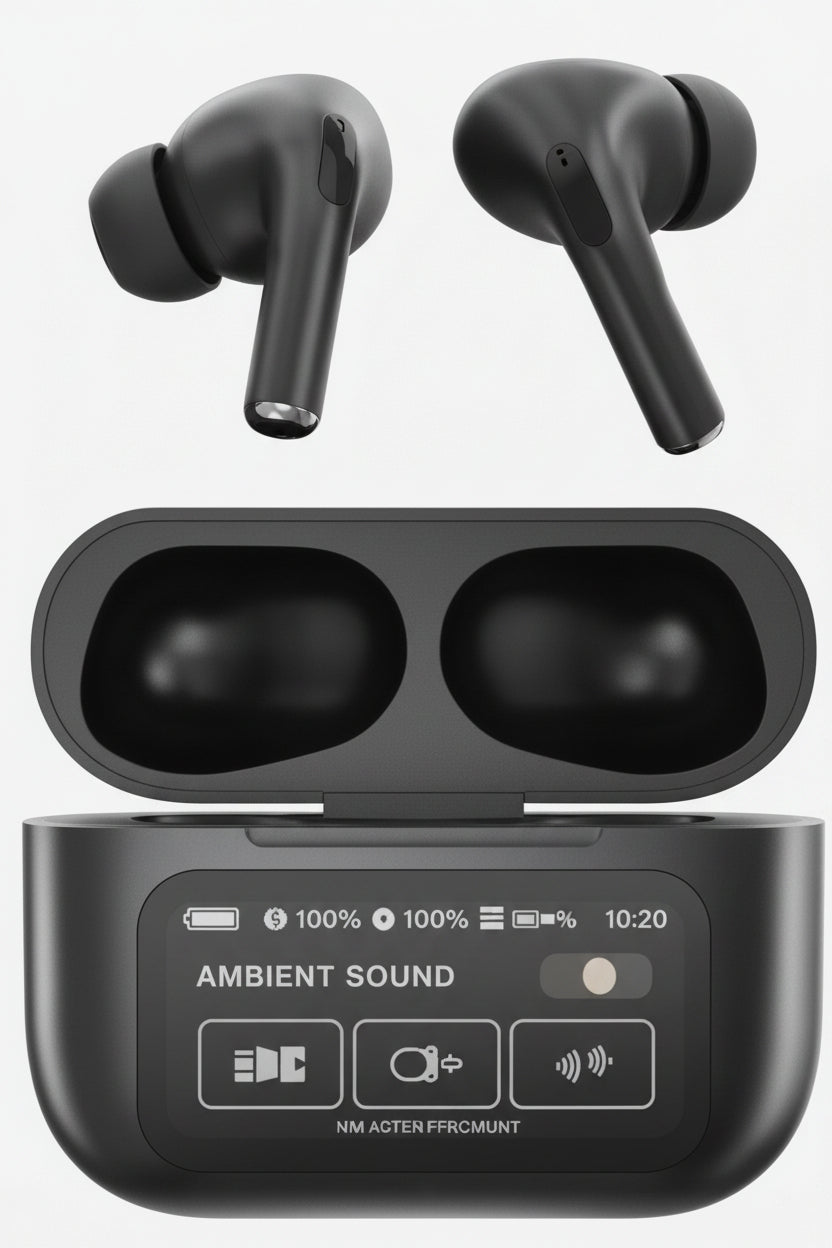 Earbuds with touchscreen case, premium sound features, Connection with app