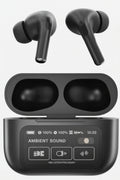 Earbuds with touchscreen case, premium sound features, Connection with app