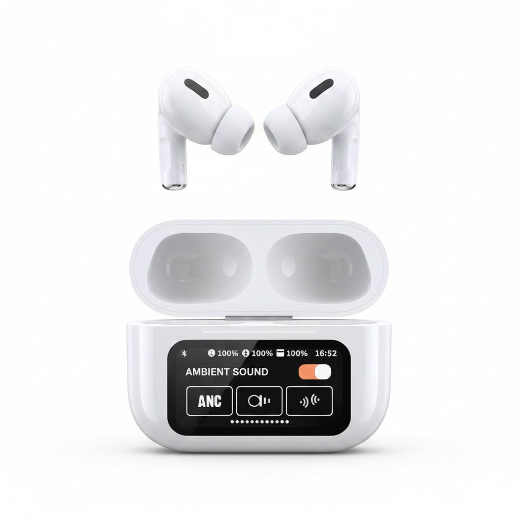 Earbuds with touchscreen case, premium sound features, Connection with app